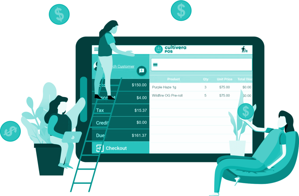three people work with a giant tablet running cultivera pos