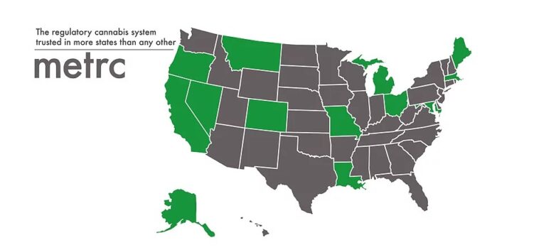 grey map with green states to indicate Metrc use, from metrc.com