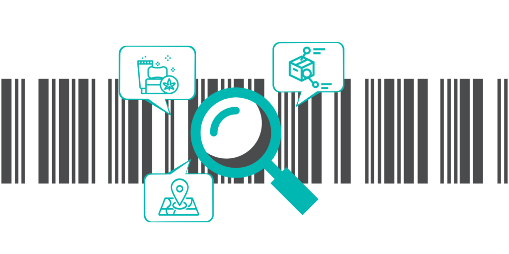 horizontal black barcode with teal magnifying glass icon and teal icons representing traceability information