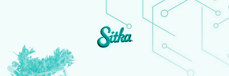 teal background banner with circuitry lines a shopping cart and the sitka font logo