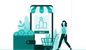 teal illustration of giant cell phone with a person pushing a shopping cart and purchasing imagery