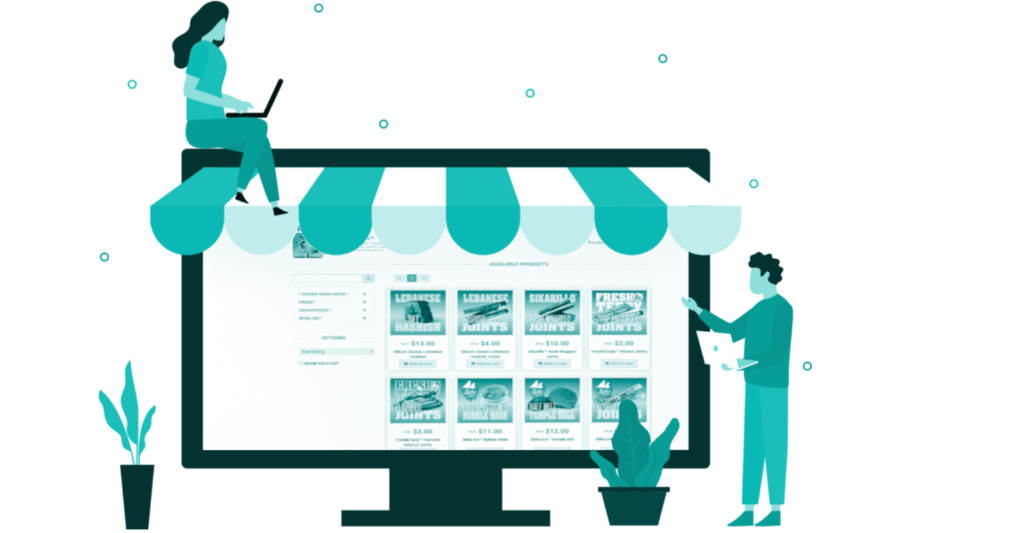 teal and grey illustration of people working on a large screen showing sitka's marketplace