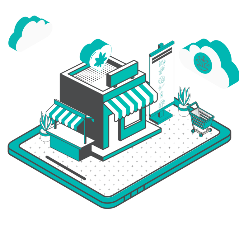 Cultivera Market B2B Order Portal represented in an isometric illustration of a dispensary on a tablet.
