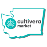 teal and white icon in the shape of Washington state, with the Cultivera Market logo inside