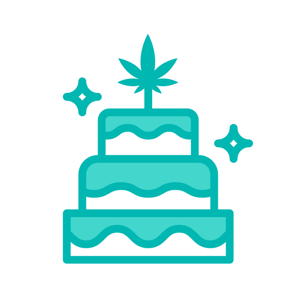 teal and white cake icon with a fan leaf on top, to represent the "Wedding Cake" strain