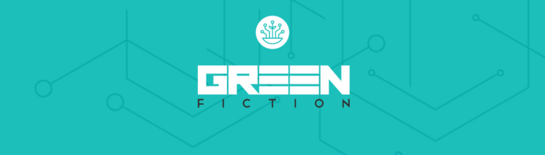 teal background with white cultivera and green fiction logos