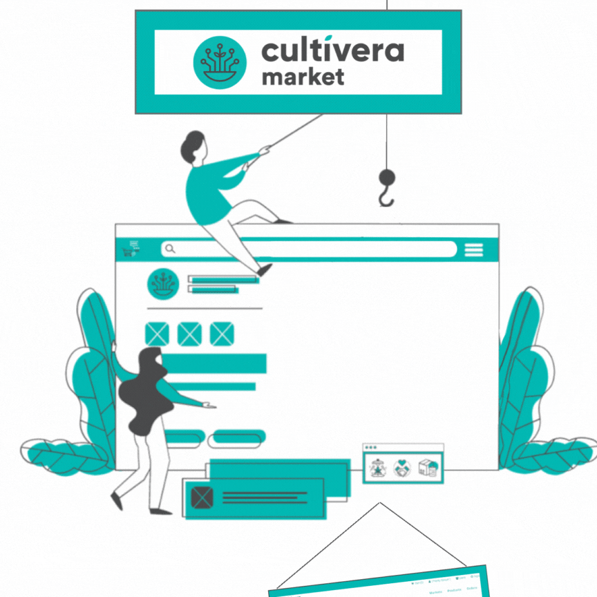 animated gif of an illustrated team setting up their cultivera market b2b order portal menu