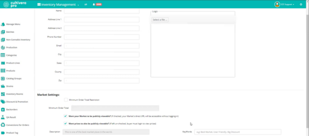 screenshot of cultivera pro inventory settings where vendors can make their b2b menu and pricing public