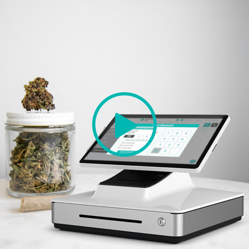 photo of a Cultivera POS mockup on a dispensary terminal, overlaid with a play button. Click to watch the Cultivera POS introduction video.