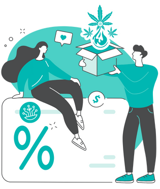 teal white and grey illustration representing discounts and sales with cultivera pos dispensary software