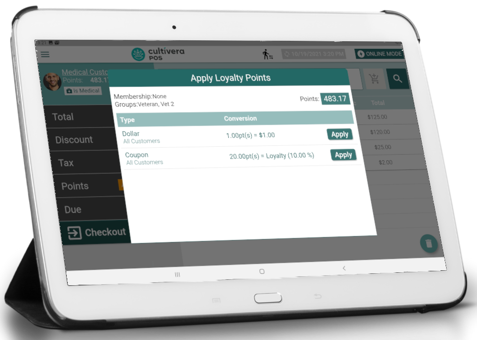 tablet with Cultivera POS loyalty points mockup on screen