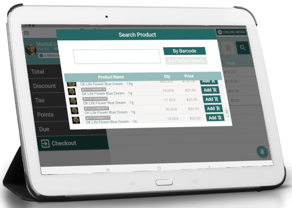 tablet with Cultivera POS product search mockup on screen