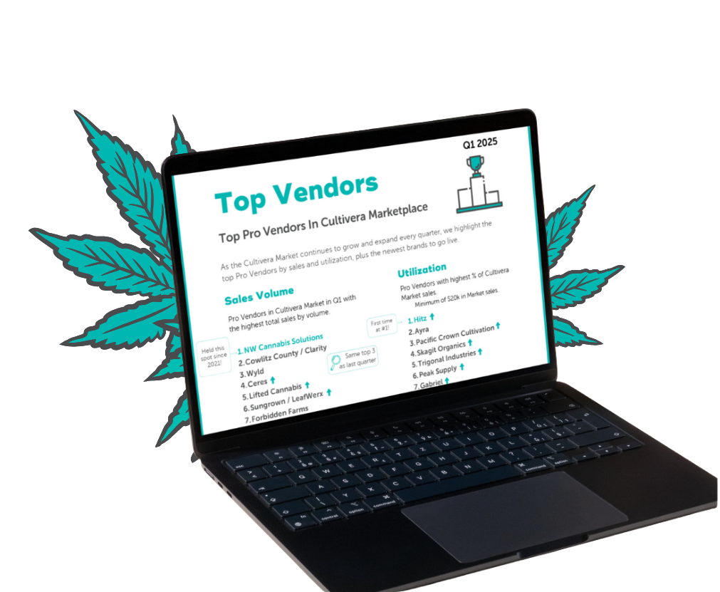 laptop mockup with Top Vendors page of the q1 2025 cultivera market report