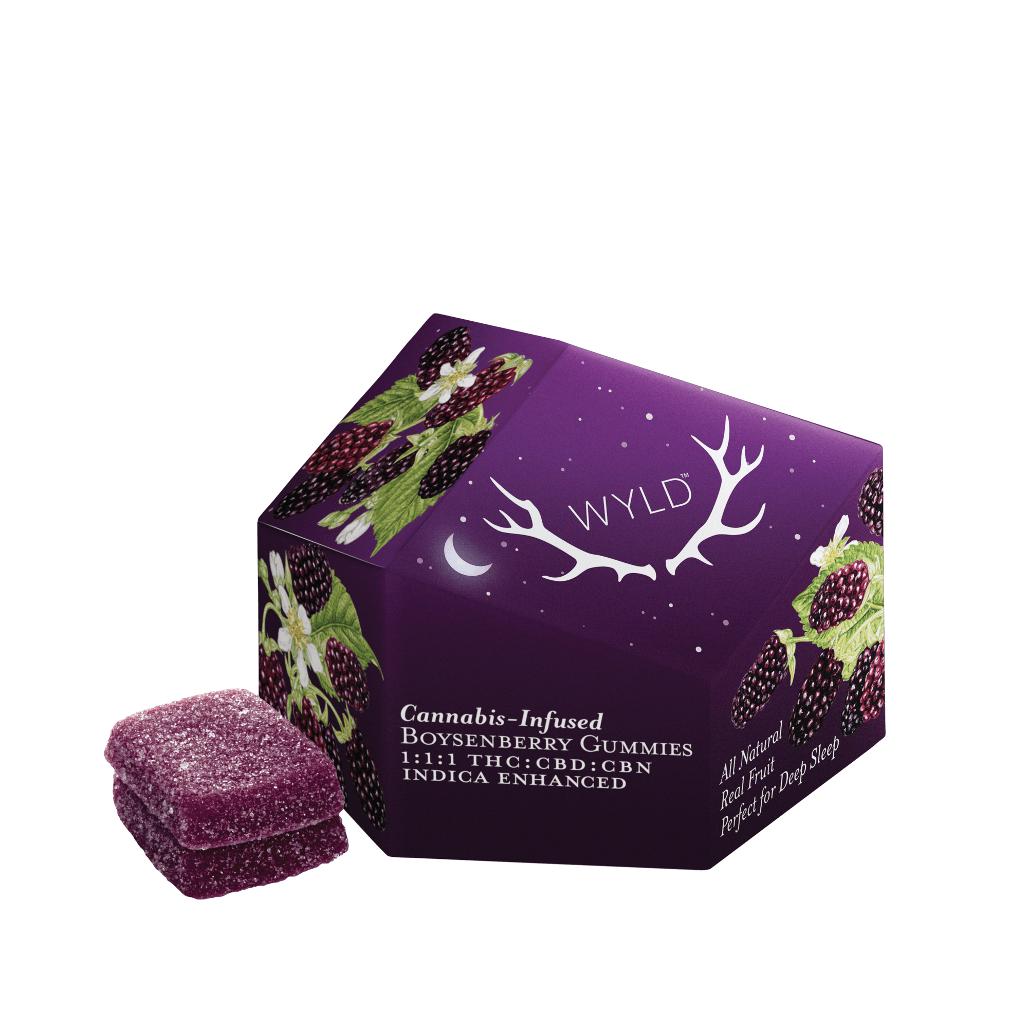 purple hexagon box with white writing, blackberry leaves and fruit images, and two small purple gummies